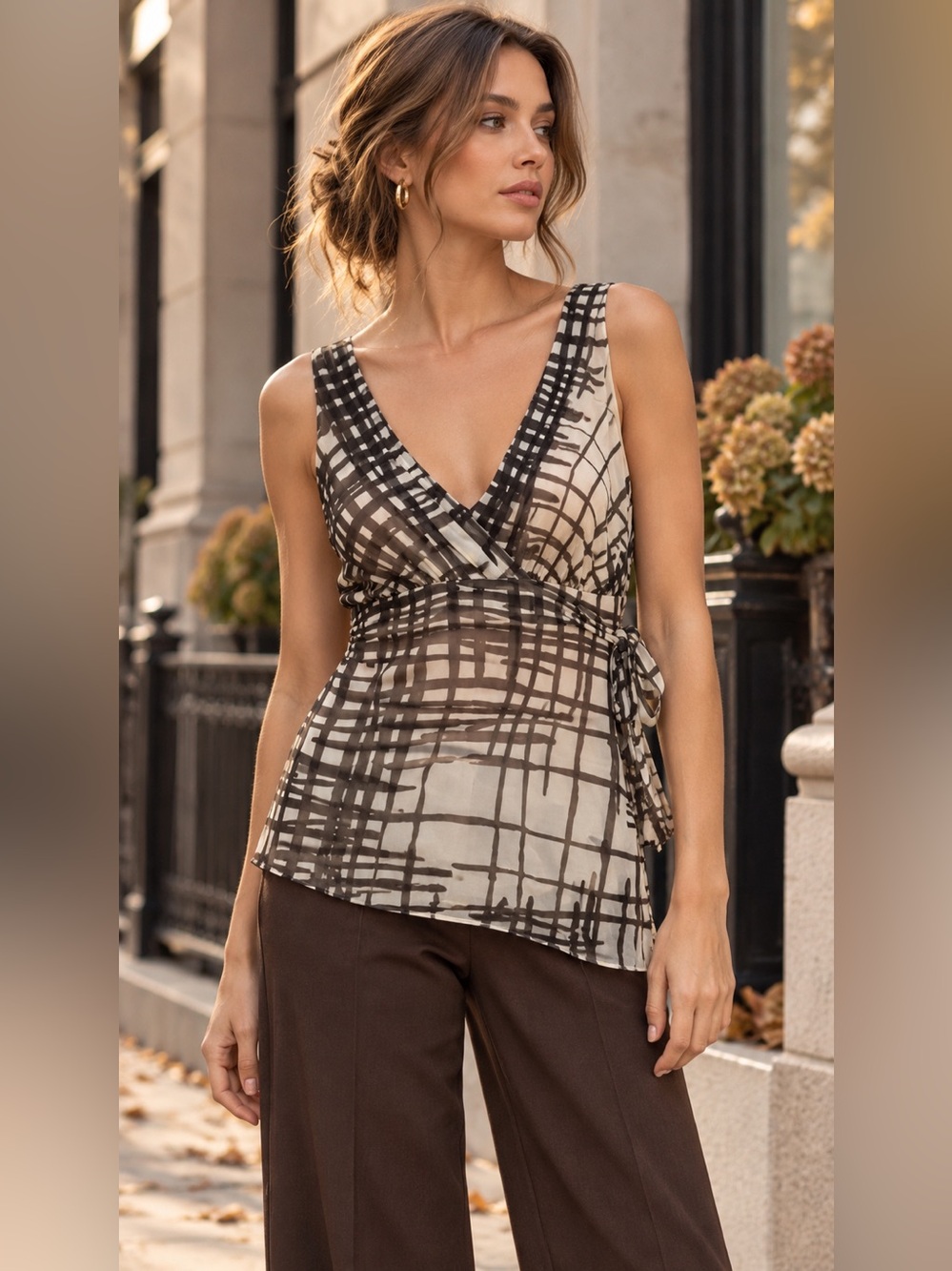 The Limited Y2K Silk Abstract Grid Tie Back Tank Top M